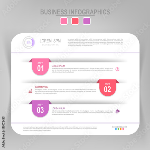Infographic template of three steps on squares, tag banner, work sheet, flat design of business icon, vector