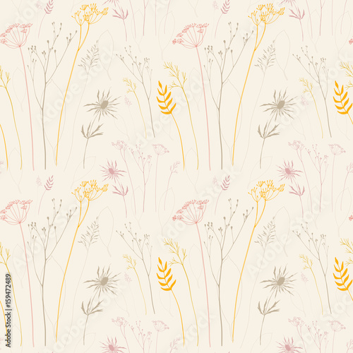 Floral pattern with dill or fennel  flowers and grasses.