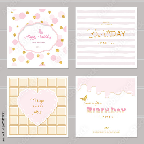 Cute cards design with glitter for girls. Birthday party invitation. Included polka dot, chocolate and striped seamless patterns.