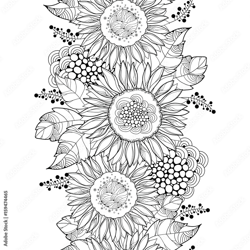 Vector seamless pattern with outline open Sunflower or Helianthus