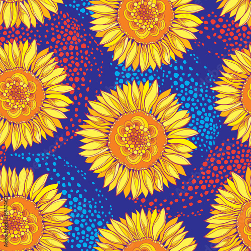Fototapeta Naklejka Na Ścianę i Meble -  Vector seamless pattern with outline open Sunflower or Helianthus flower in yellow and orange on the blue background. Floral pattern with ornate Sunflowers in contour style for summer design.