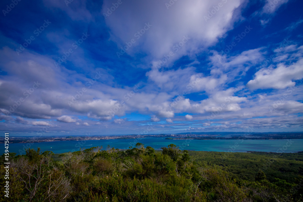 View to Rangitoto Island from North Head in a sunny day with a beautiful blue sky