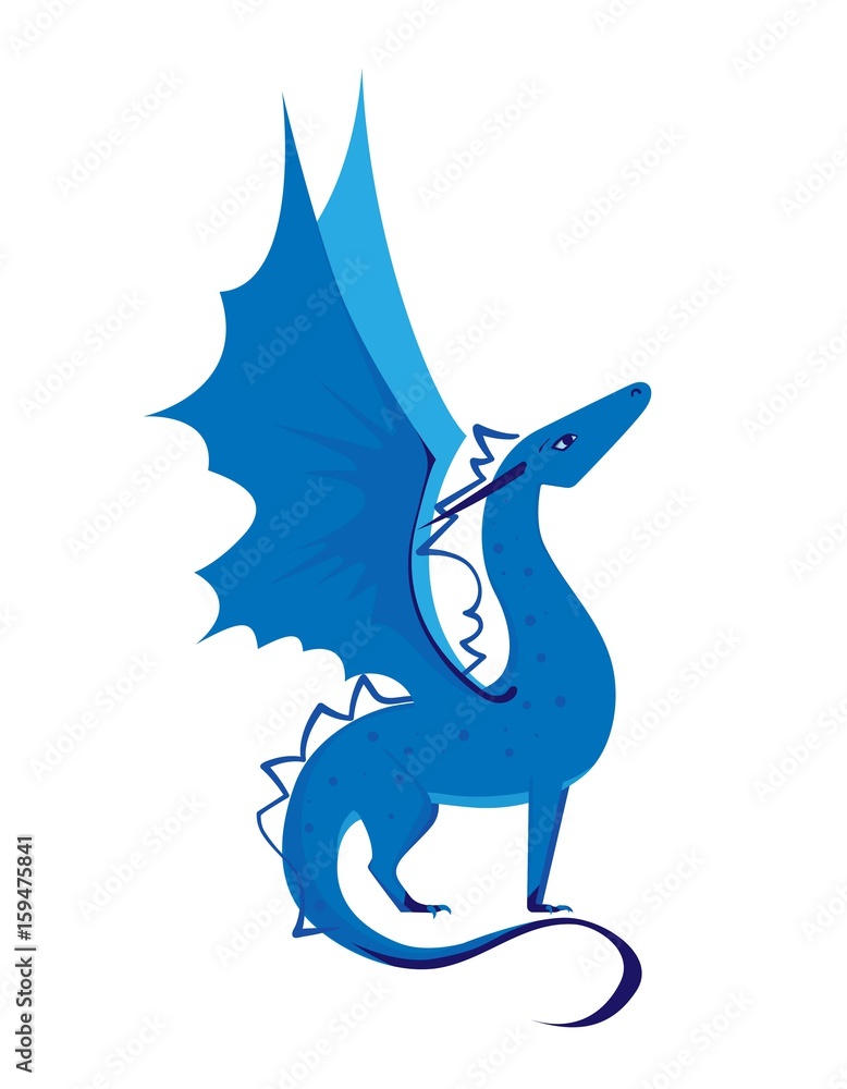 Blue dragon with wings on white background. Vector flat illustration. Blue dragon with wings on white background. Vector flat illustration.