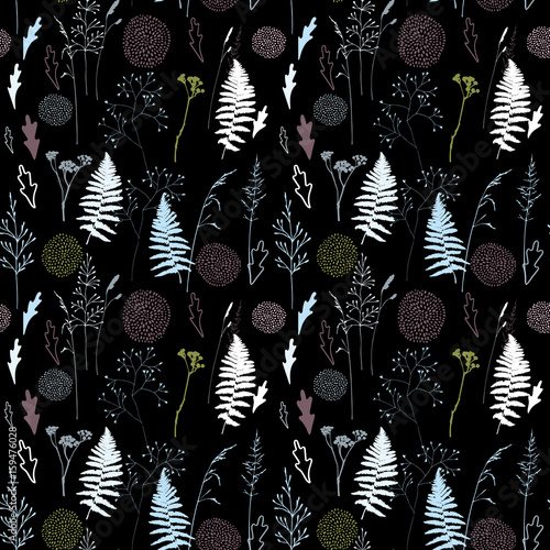 Vector floral seamless pattern with  wild meadow  grasses, fern leaves and st...
