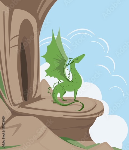 A green dragon with spread wings at the entrance to a cave on a rock. Vector flat illustration.