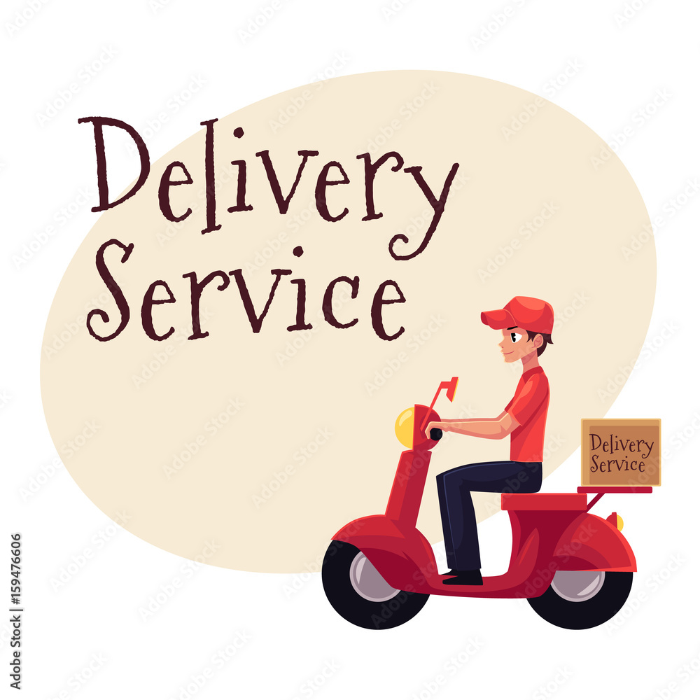 Delivery service banner with portrait worker riding scooter, motorcycle loaded with boxes, cartoon vector illustration isolated on white background, clipboard and package Delivery service banner with portrait worker riding scooter, motorcycle loaded with boxes, cartoon vector illustration isolated on white background, clipboard and package