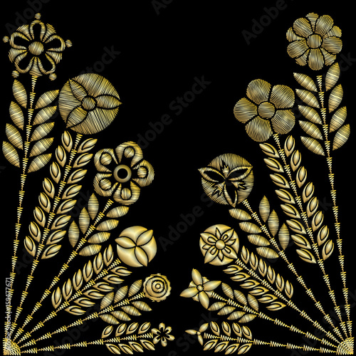 Golden lace vector design. Contemporary lace background ornamental flowers embroidery style. Floral background for wedding invitation. Decorative element for embroidery, patches and stickers.