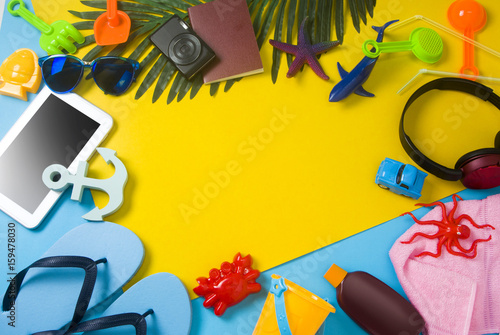 colorful prop and gadget of summer on color paper ground