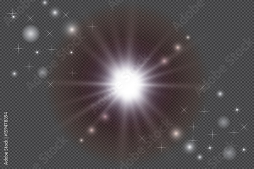 Set of golden glowing lights effects isolated on transparent background. Sun flash with rays and spotlight. Glow light effect. Star burst with sparkles.