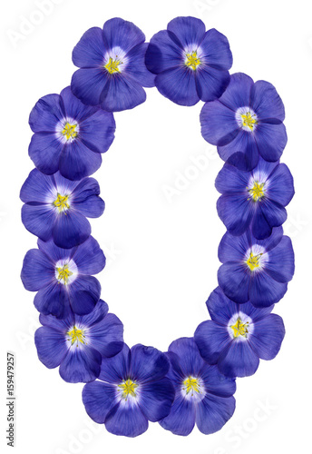 Arabic numeral 0, zero, from blue flowers of flax, isolated on white background