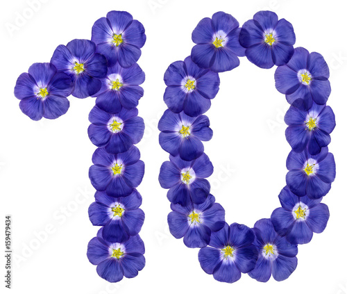 Arabic numeral 10, ten, from blue flowers of flax, isolated on white background
