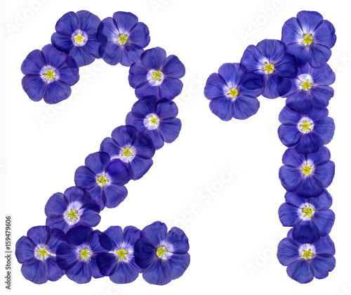 Arabic numeral 21, twenty one, twenty, from blue flowers of flax, isolated on white background