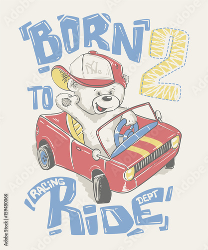 Cool little bear in cap driving a car cartoon hand drawn