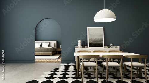 Dining room design modern luxury  blue walls  concrete floor  black and white tiles  walkway to the bedroom.