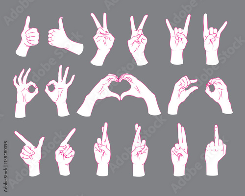 Gesture set. Female hands showing different signs. Vector illustration.