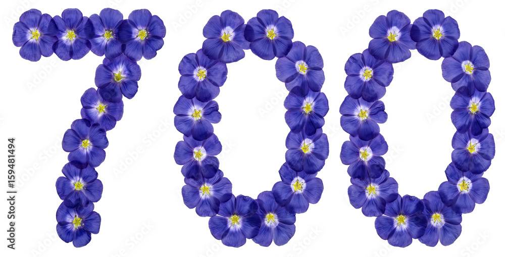 Arabic numeral 700, seven hundred, from blue flowers of flax, isolated on white background Arabic numeral 700, seven hundred, from blue flowers of flax, isolated on white background