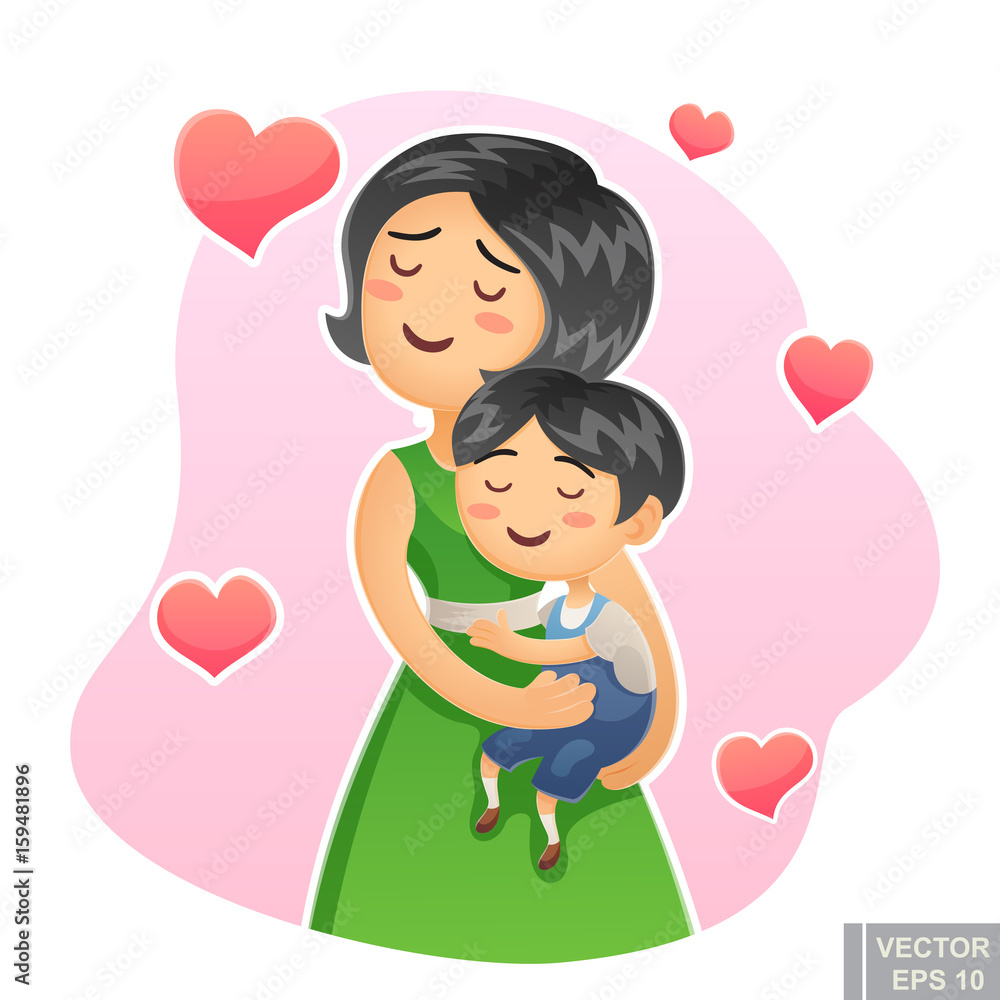 Cartoon vector happy family mother holding her child Mom care love her  little kid hug Stock Vector | Adobe Stock
