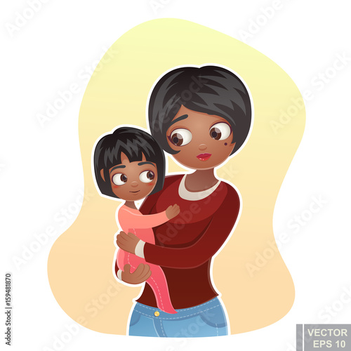 Cartoon vector happy family mother holding her child Mom care love her little kid hug