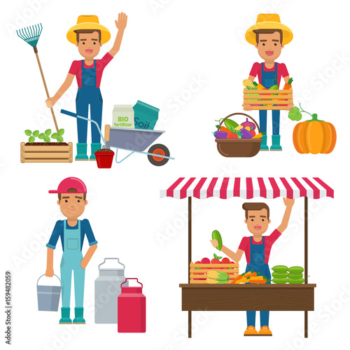 Young farmer with milk can, garden tools and harvest