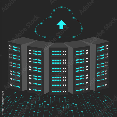 Data Center Cloud Connection. Isometric Vector Illustration diagnostic test in a server computer room. Technology communication.