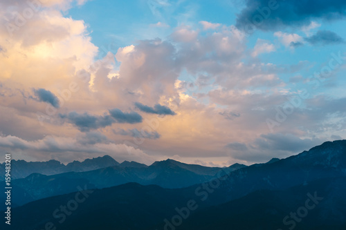 Beautiful sunset sky over Tatra Mountains. Tatra National Park, Poland