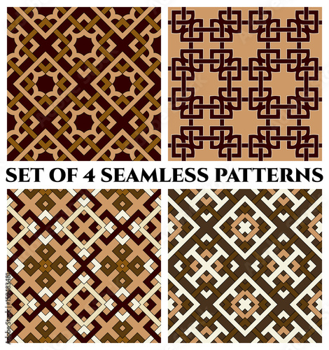 Geometric seamless patterns with celtic ornament of brown, white, khaki, and beige shades