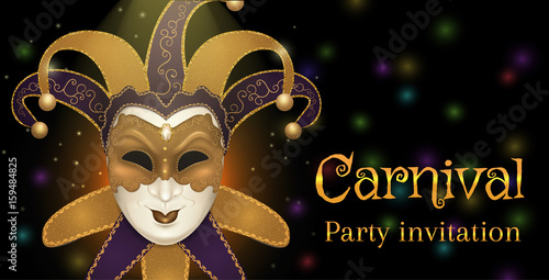 Carnival mask with shiny glitter texture. Bokeh lights and fireworks background. Invitation card template. Vector illustration EPS10.