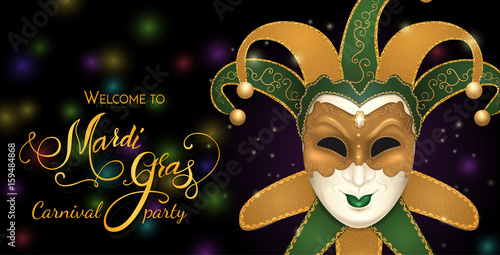 Carnival mask with shiny glitter texture. Bokeh lights and fireworks background. Invitation card template. Vector illustration EPS10.