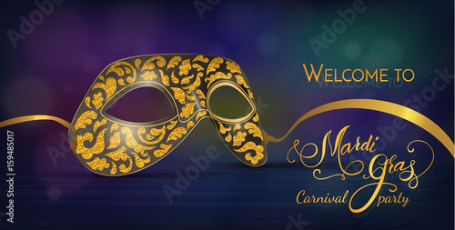 Carnival mask with shiny glitter texture. Bokeh lights and fireworks background. Invitation card template. Vector illustration EPS10.