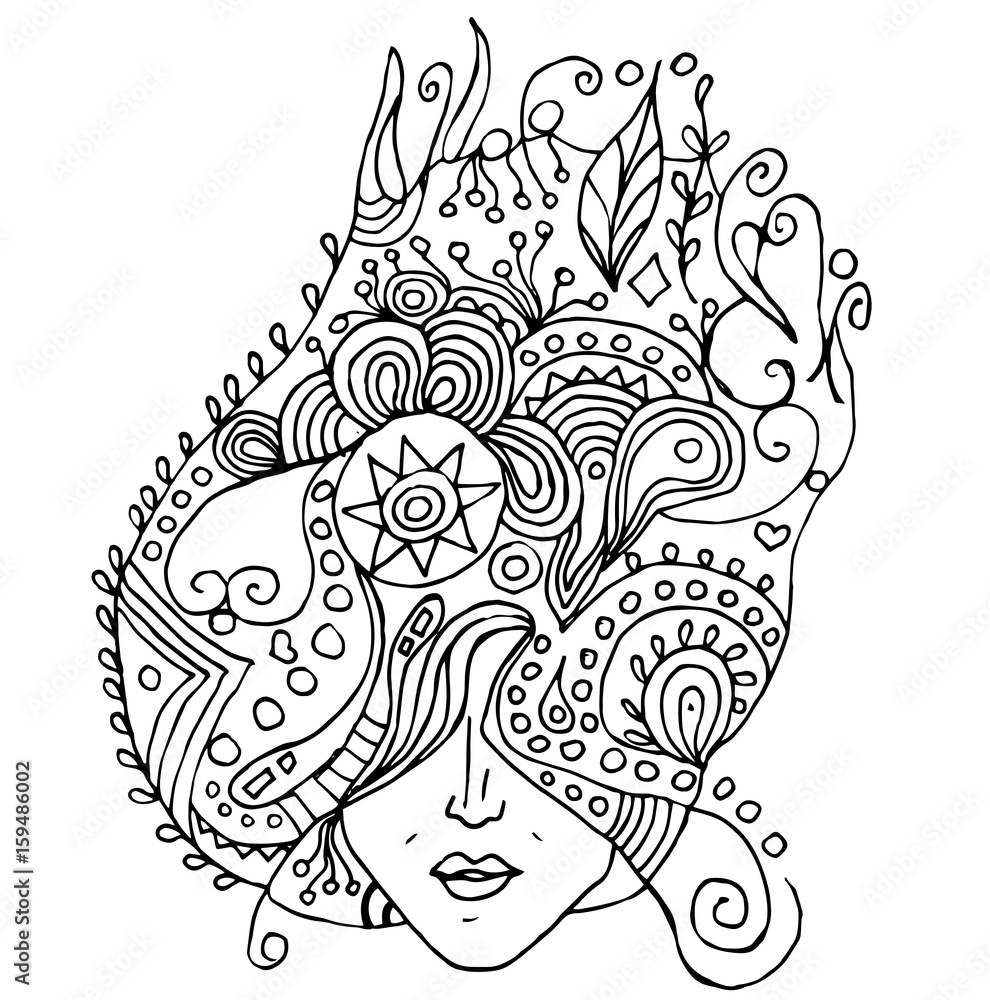 Portrait of pretty young woman in straight view with long beautiful hair. Vector illustration. Portrait of pretty young woman in straight view with long beautiful hair. Vector illustration.