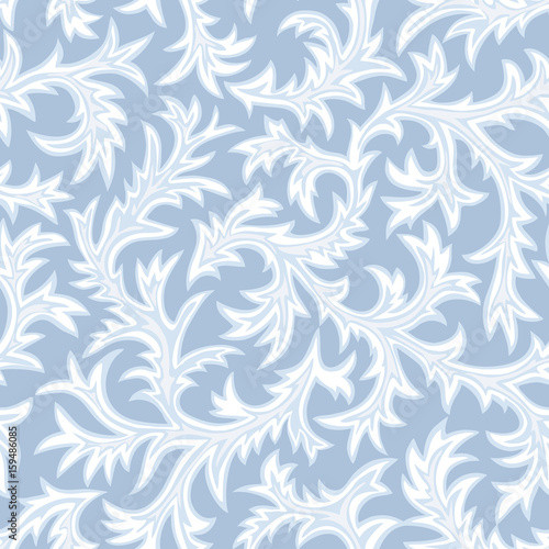 Frosty Glass - seamless pattern. Hand drawn vector background with intricate frost motif in shades of blue and white. 
