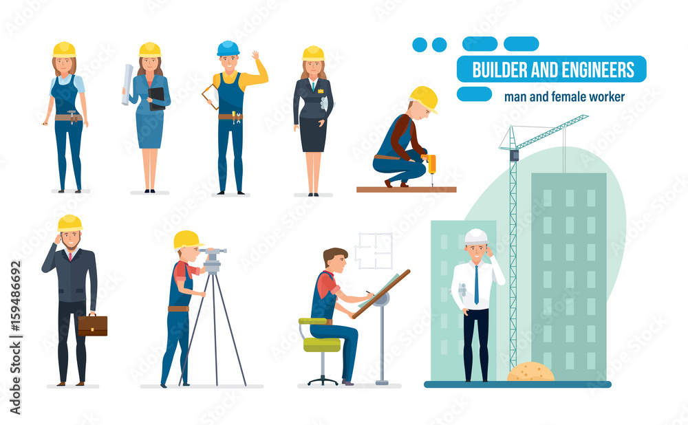 Engineers cartoon set with construction workers, architect, repairman and director. Engineers cartoon set with construction workers, architect, repairman and director.