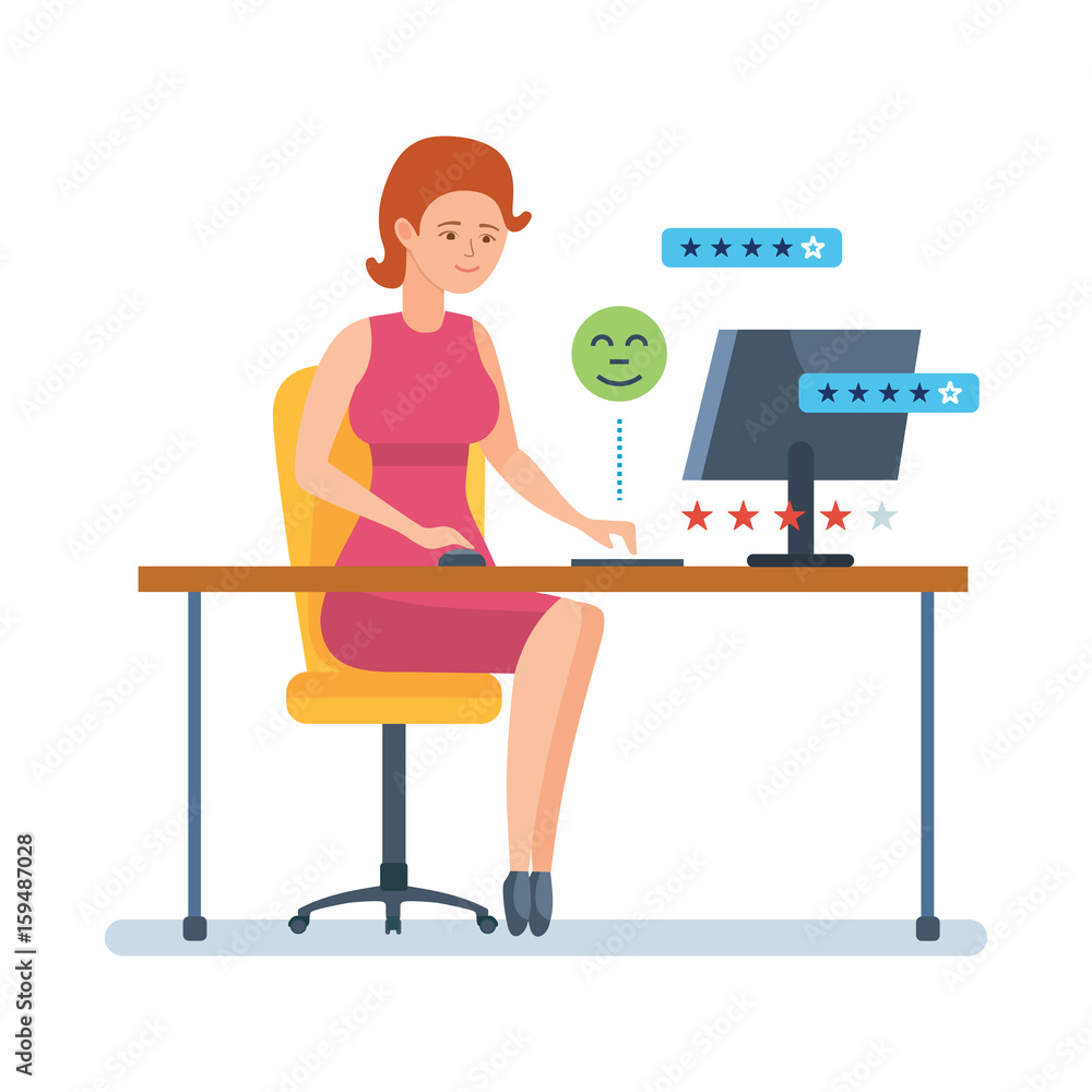 Girl leaves review, rating of in application of online store. Girl leaves review, rating of in application of online store.