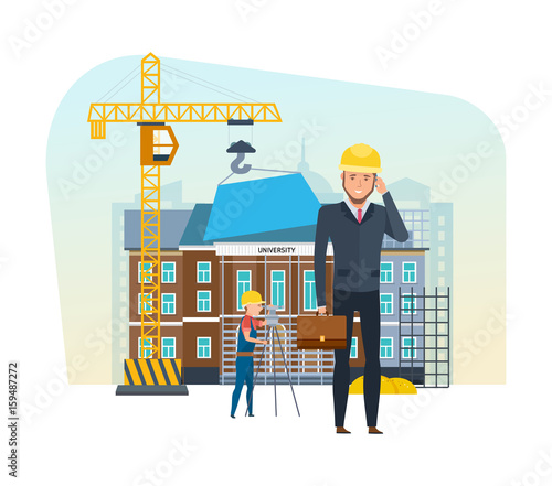 Head of company, with briefcase, on background building under construction.