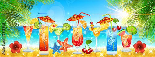 Tropical beach banner with cocktails, palms and seashells