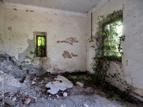 Fotografie Abandoned and derelict space, with ivy growing through windows