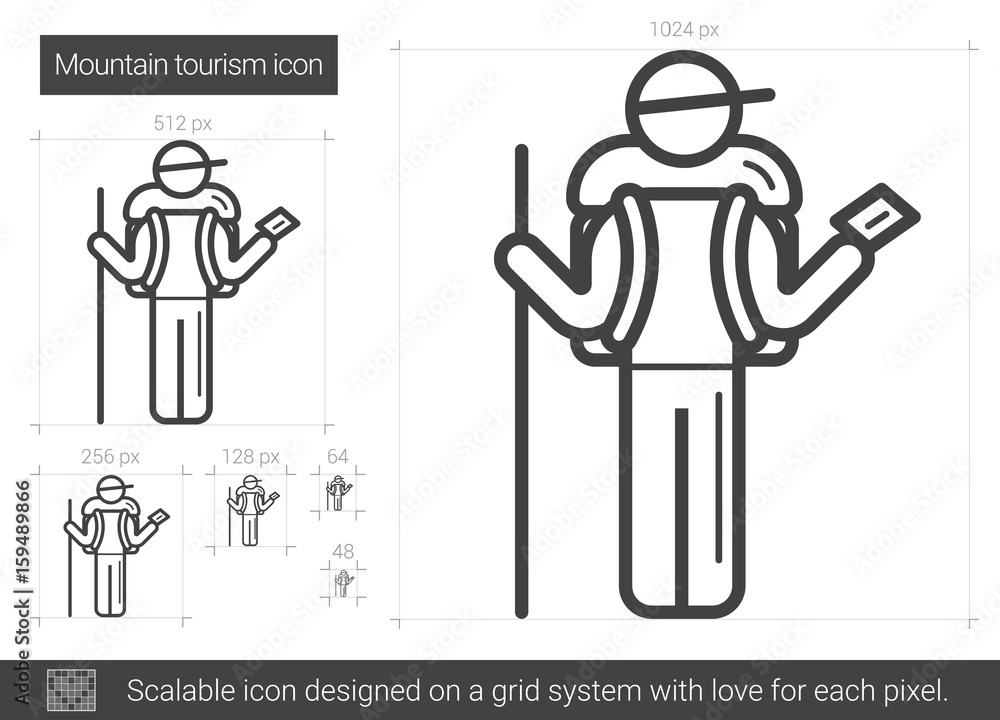 Mountain tourism vector line icon isolated on white background. Mountain tourism line icon for infographic, website or app. Scalable icon designed on a grid system. Mountain tourism vector line icon isolated on white background. Mountain tourism line icon for infographic, website or app. Scalable icon designed on a grid system.