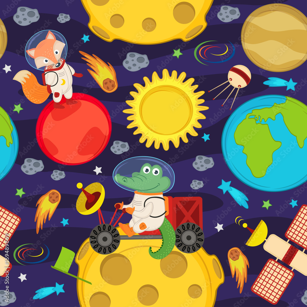 Naklejka premium seamless pattern with moon rover and animals - vector illustration, eps