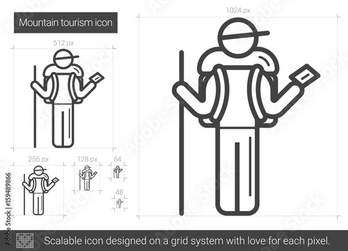 Mountain tourism vector line icon isolated on white background. Mountain tourism line icon for infographic, website or app. Scalable icon designed on a grid system.