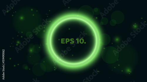 A round, glowing green banner on a black background. Banner in the form of a bubble. A place for your projects. Bright, flying glare. Vector illustration. EPS 10