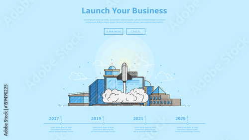 Concept of web banner with launch rocket. Color vector illustration in linear style with city landscape and laptop. Background for business start up.