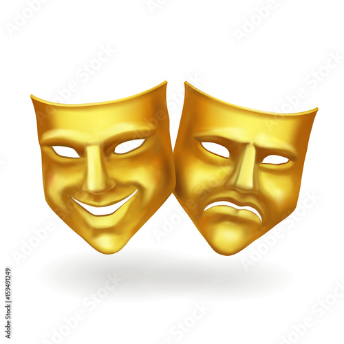 Theater masks, gold icons realistic vector photo