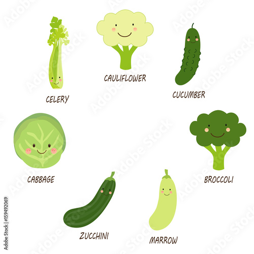 Cute smiling characters of green veggies