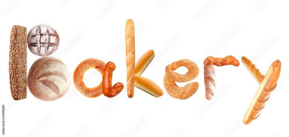 Word BAKERY made of fresh bread on white background Word BAKERY made of fresh bread on white background