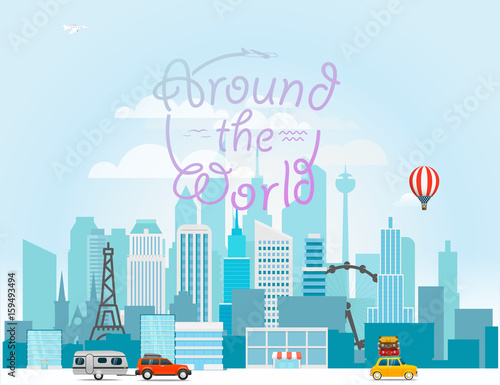 Modern cityscape vector illustration. Around the world concept