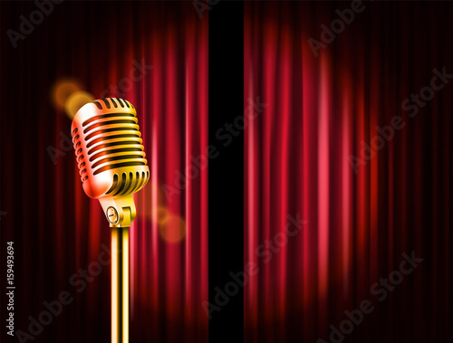 Opening stage curtains with golden microphone vector illustration. Standup show template