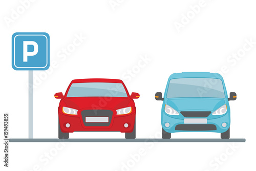 Parking lot with two cars on white background.. Flat style, vector illustration.
