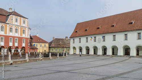The famous Piata Mica, Small Square, historical center of Sibiu, Romania, in a moment of tranquility