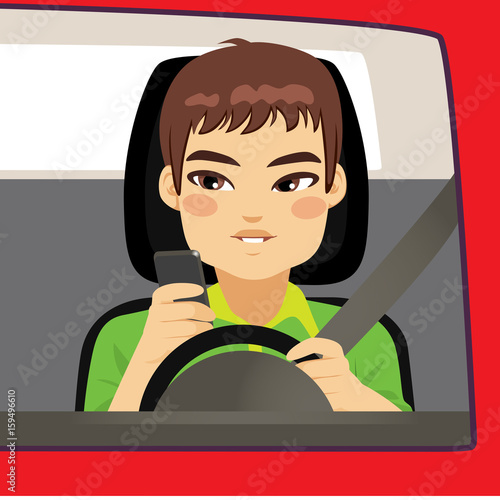 Man driving using smartphone problem addiction danger concept