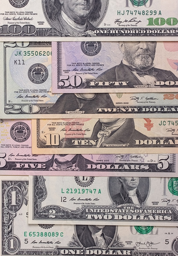 American dollar bills of different denominations abstract background.